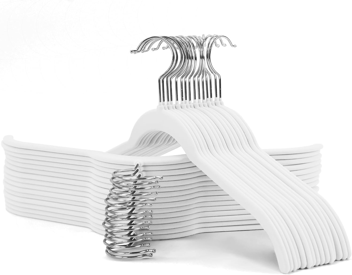 Velvet Hangers 30 Pack, Slim Flocked Clothes Hangers White | Non-Slip Felt Surface; 360° Swivel Hooks; Space-Saving