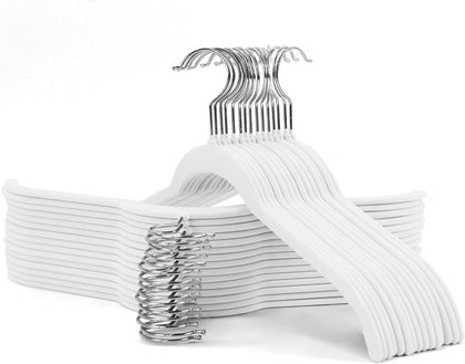 Velvet Hangers 30 Pack, Slim Flocked Clothes Hangers White | Non-Slip Felt Surface; 360° Swivel Hooks; Space-Saving
