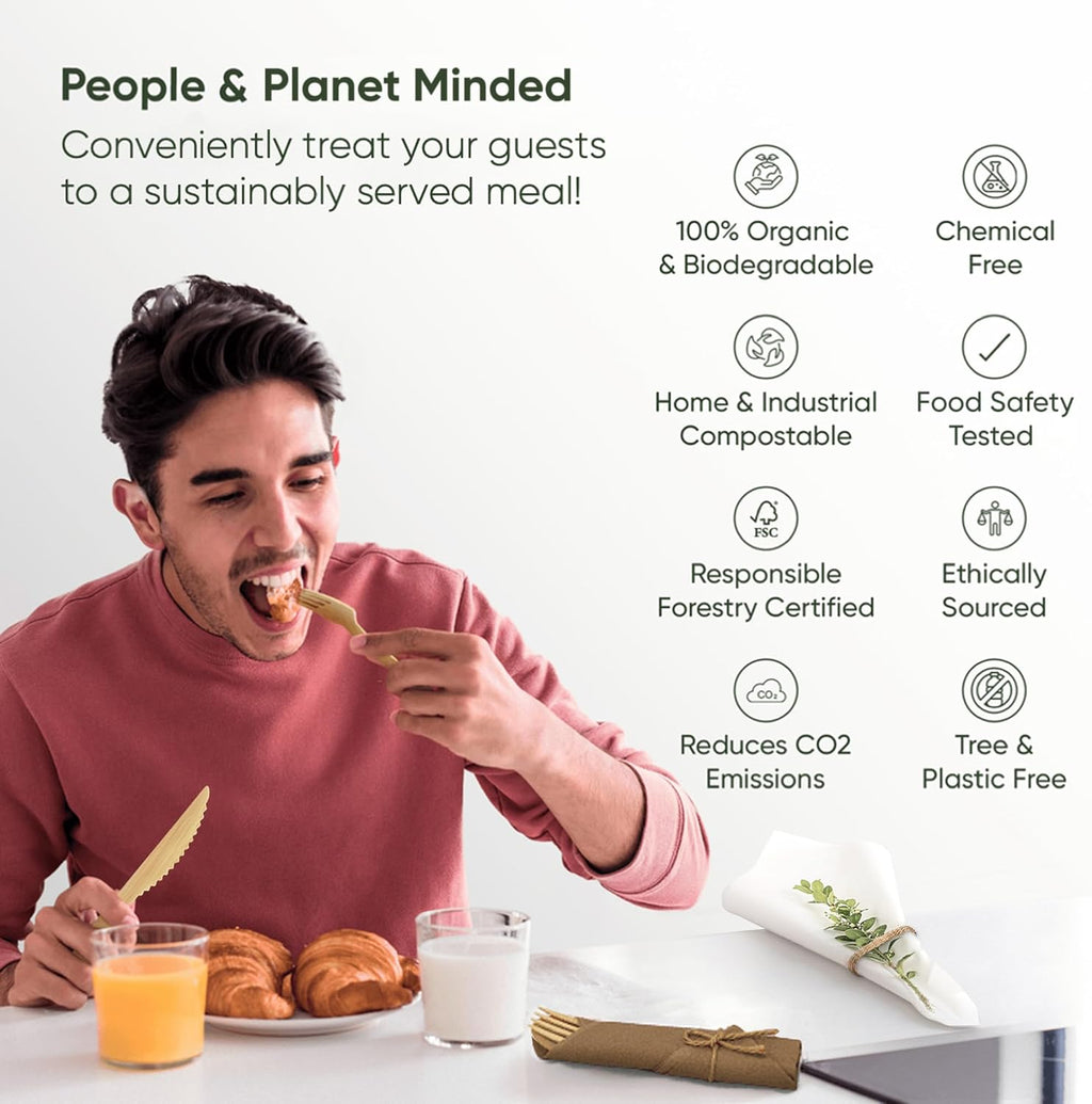 Brown Pre Rolled Napkin and Bamboo Cutlery Set (50 Pack, 200 PCS)