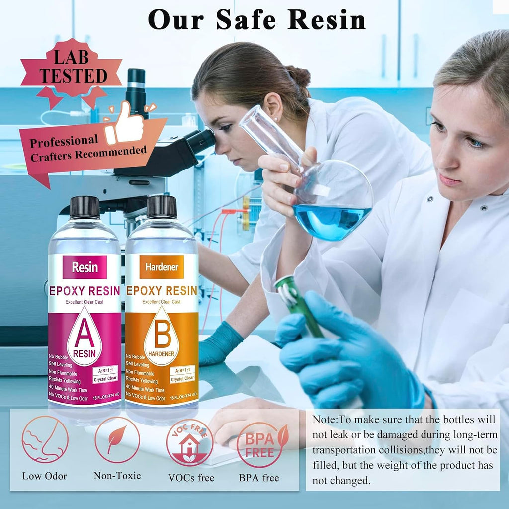 Epoxy Resin, 32OZ Epoxy Resin Crystal Clear, Not-Yellowing No-Bubble, Self Leveling Easy Pour/Mix 1:1 Casting Kit &
