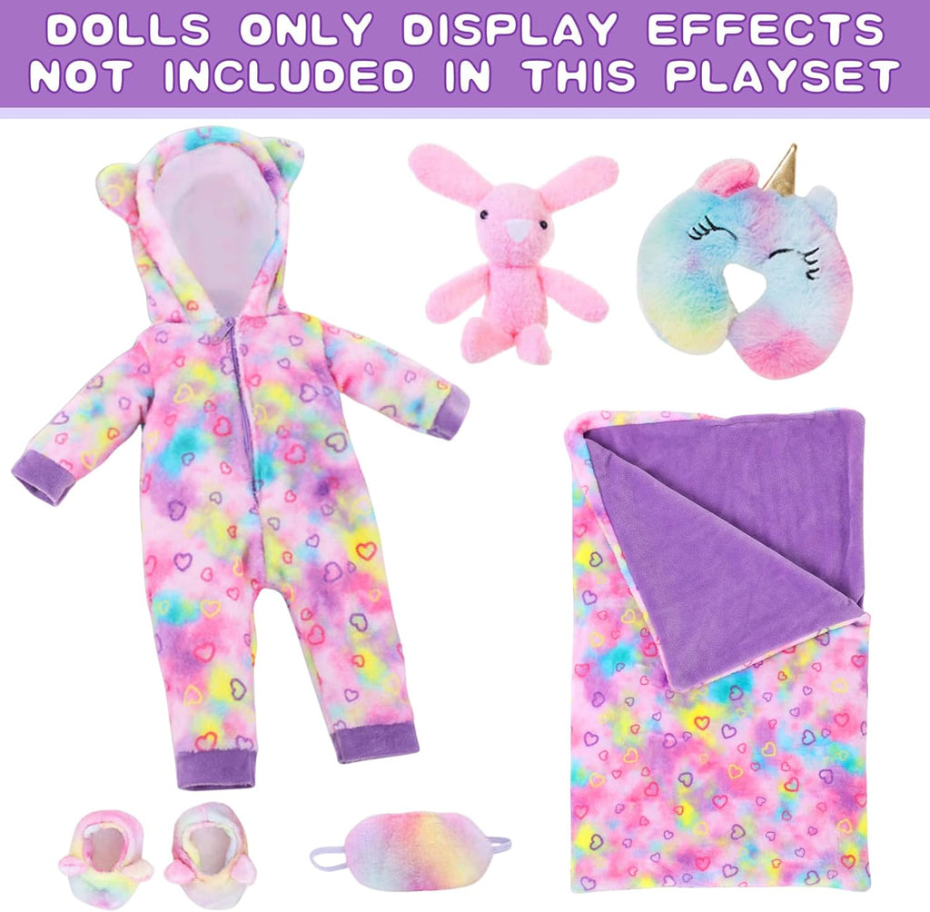 American 18" Doll Clothes and Sleep Bag Accessories,Sleepover Outfit Set Fits 18 Inch Dolls Include Rainbow