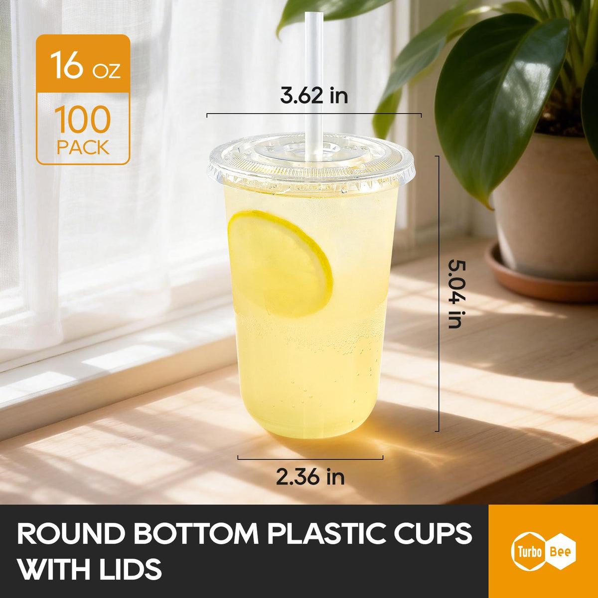 Disposable Plastic Cups with Lids and Straws, 16 OZ, 100 Pack