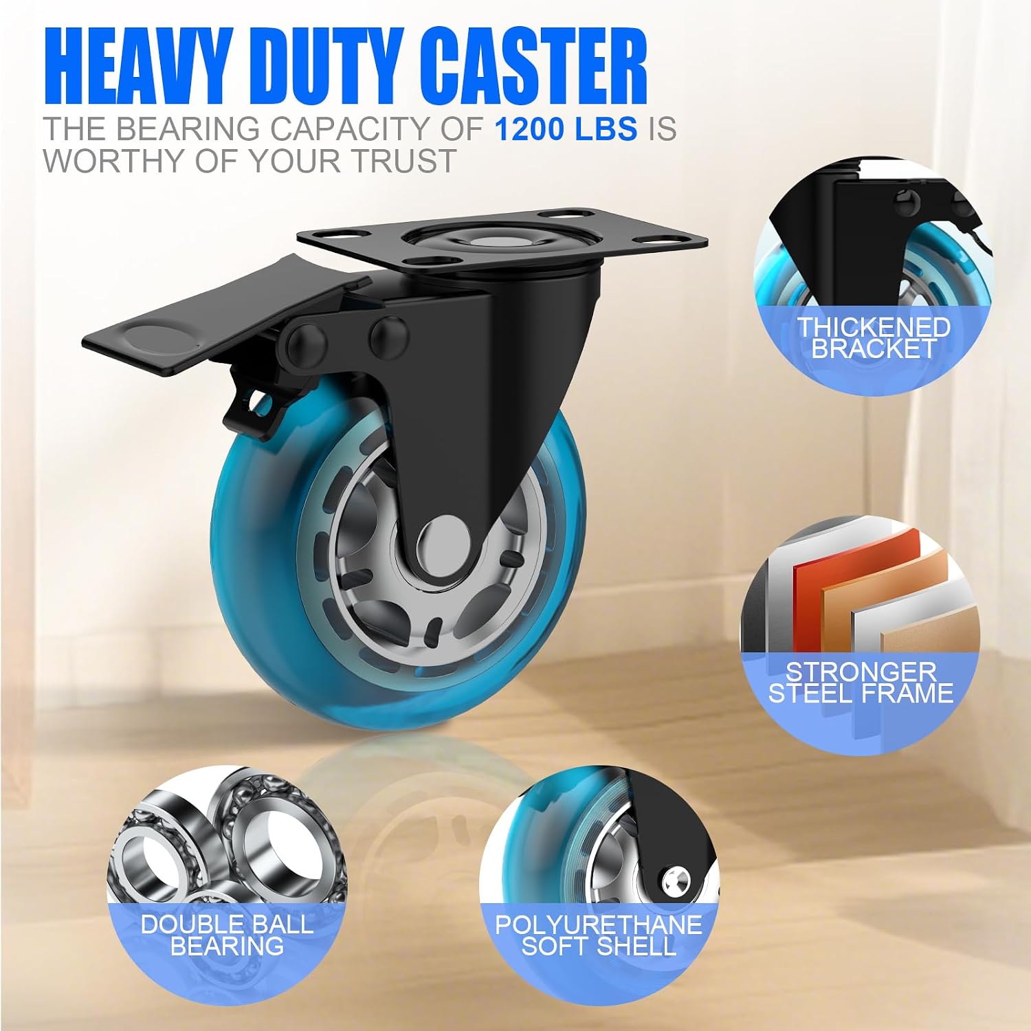 3 Inch Plate Casters Set of 4 Double Brake Heavy Duty | 1200 LBS, Non Marking & Quiet Blue Design, 360°Swivel, Wheels