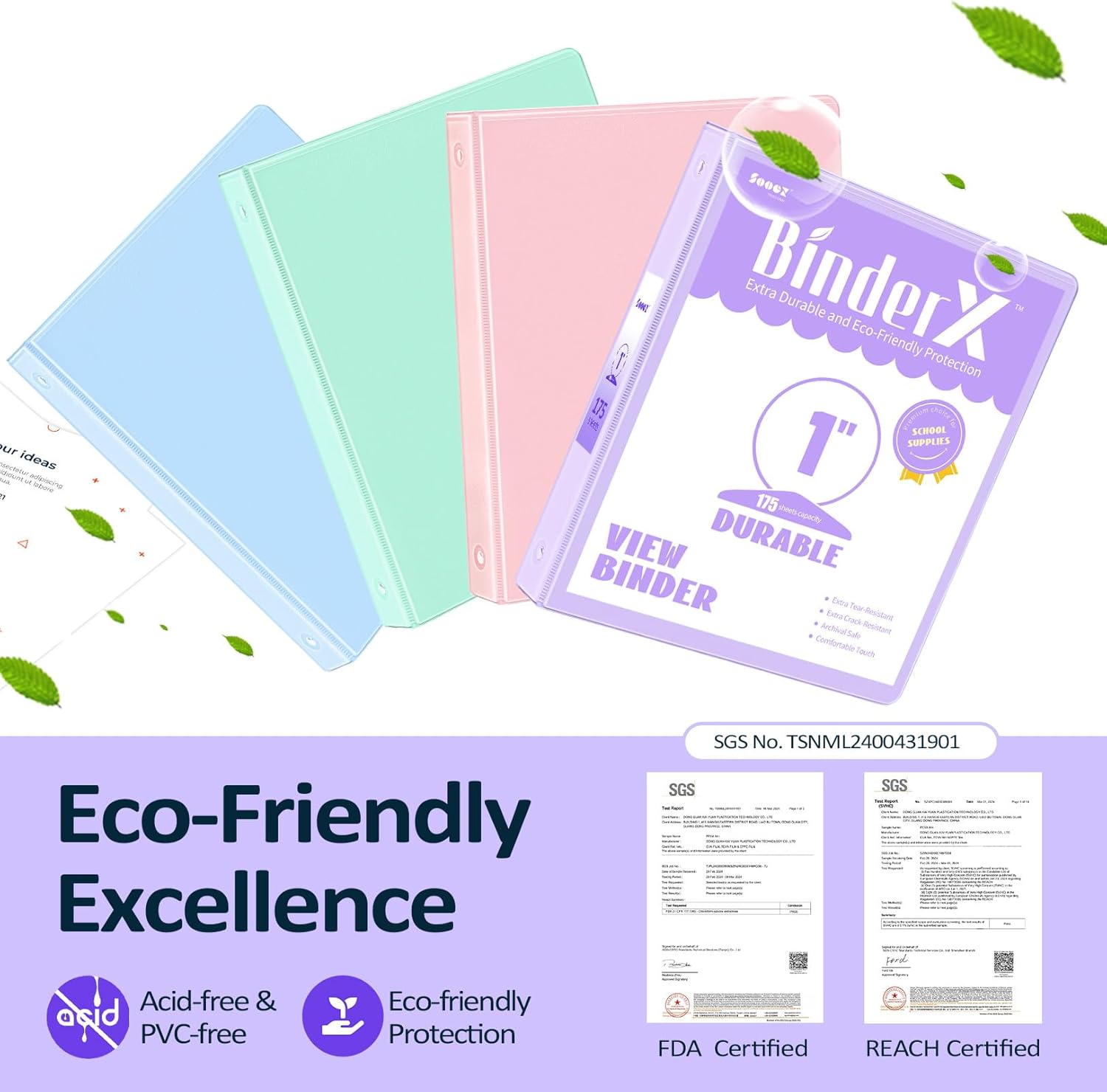 BinderX 3 Ring Binder 1 Inch, 1" Clear View Binder, Pink, Letter / A4 Size | Extra Durable, PVC-Free, Customizable