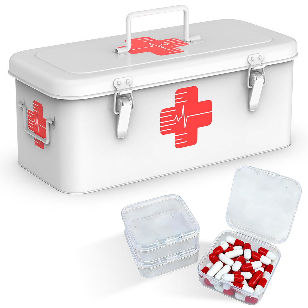 Metal First Aid Box with 3 Pill Organizers, White