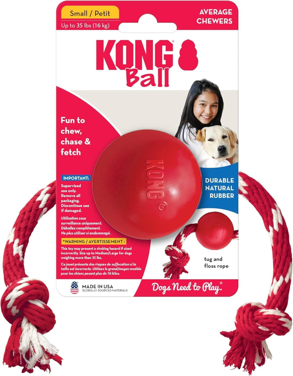 Ball with Rope - Durable Fetch Toy with Rope for Easy Throwing - For Tug, Playtime & More - Natural Rubber - Red