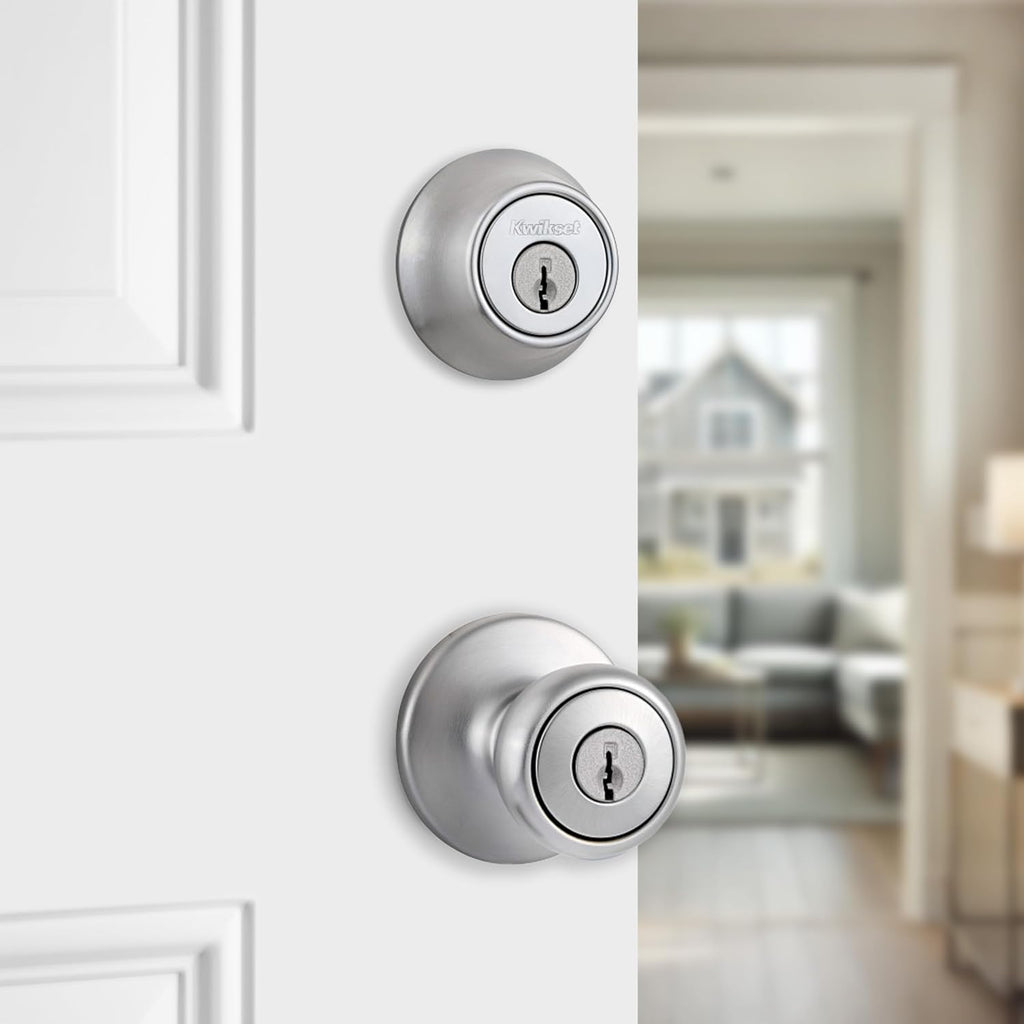 Tylo Front Door Knob and Deadbolt Set, Entry Knob Combo Project Pack Exterior with Interior Door Knob, Satin Chrome