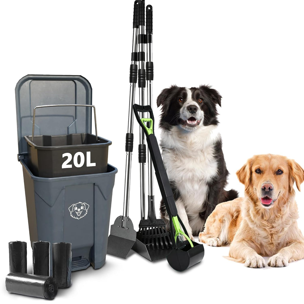 Dog Poop Outdoor Trash Can with Lid 20L/5Gal- Pedal & Removable Inner Bin,200 Waste Bags + 1 Green Long Handle Pooper