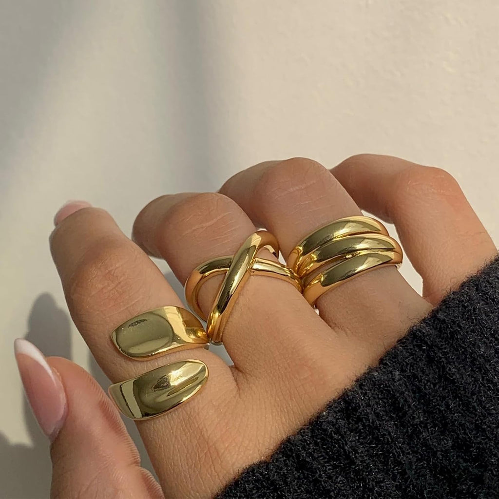 Chunky Gold Rings for Women Non Tarnish, 18K Gold Plated Stackable Thumb Ring, Statement Women Rings Set
