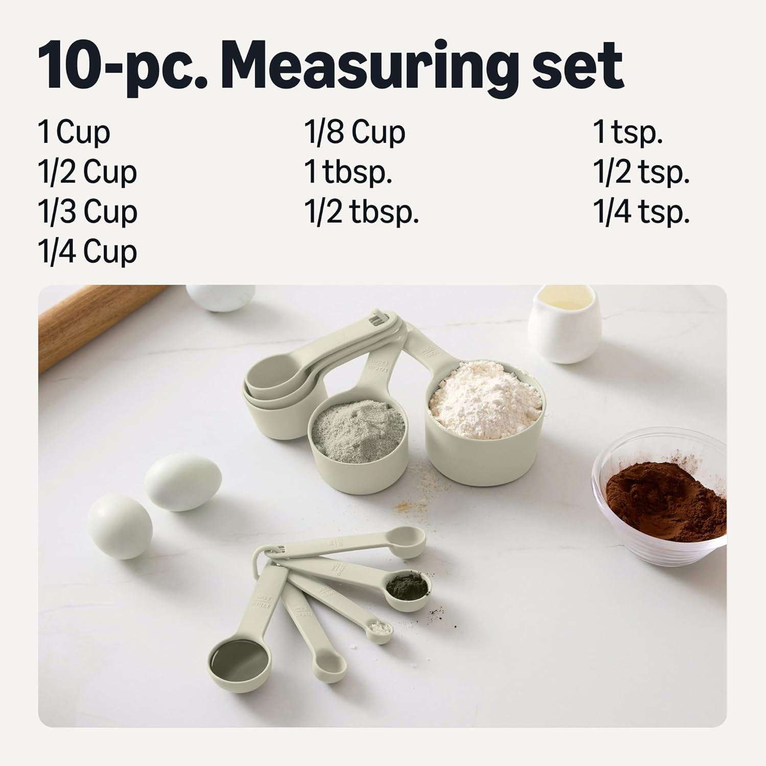 Measuring Cups and Spoons, 10-Piece Set, Food-Grade Plastic, Dishwasher-Safe, Linen Gray