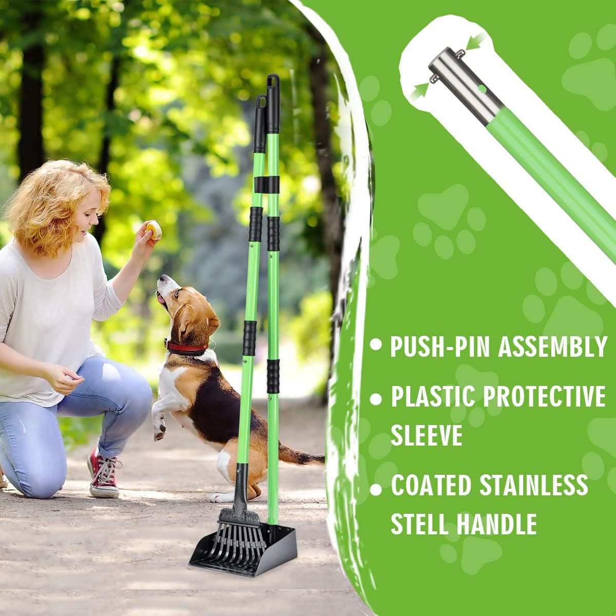 Pooper Scooper, Dog Pooper Scooper Long Handle Stainless Metal Tray and Rake Set for Medium Small Dogs Heavy Duty