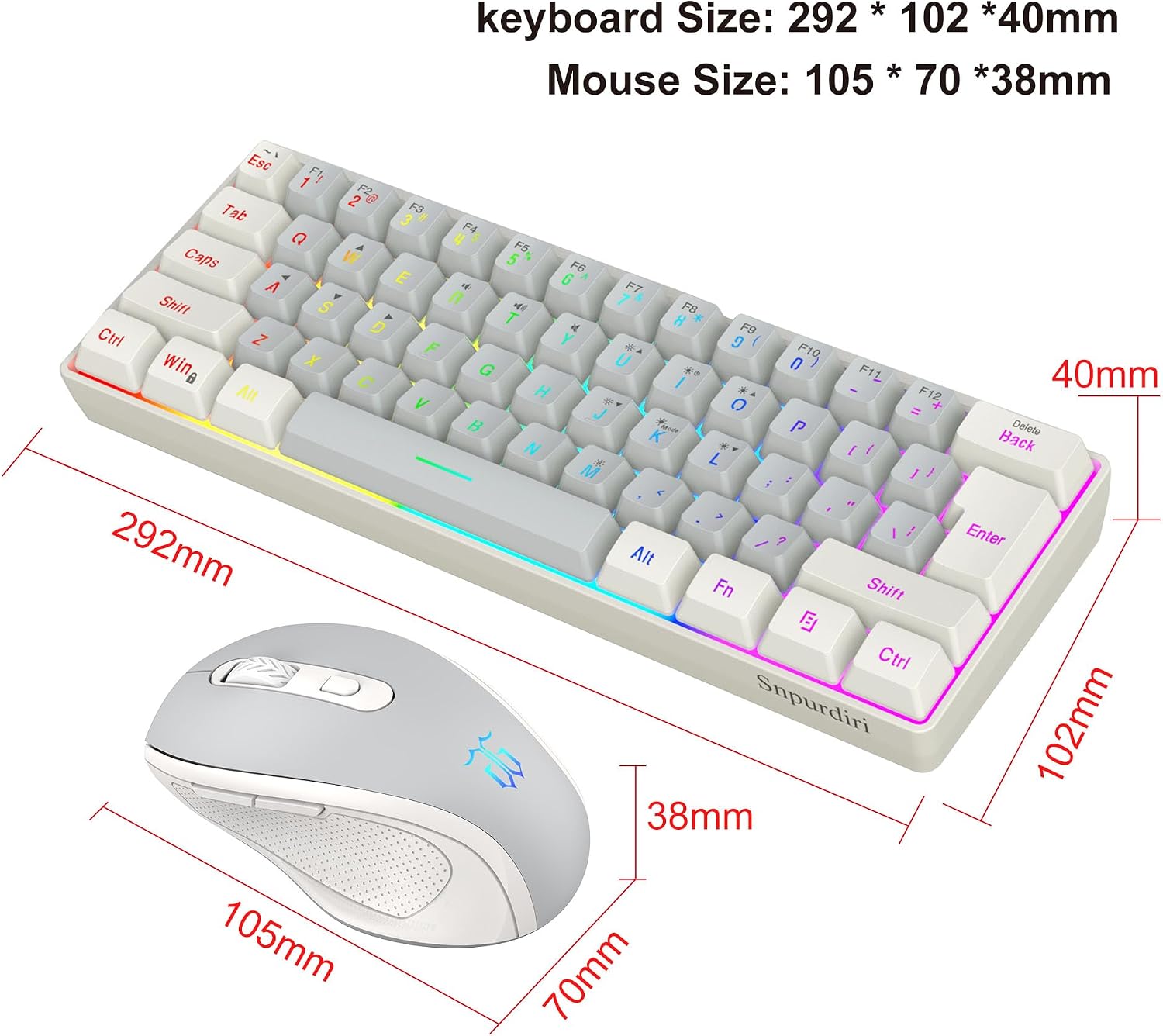 2.4G 60% Wireless Gaming Keyboard and Mouse Combo (White-Grey) | Include Mini Wireless Gaming Keyboard, Ergonomic