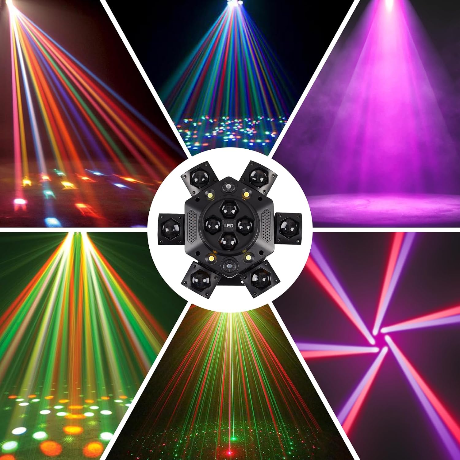 Moving Head DJ Lights 150W RGBW, 6-Arm Party Stage Light with Remote | 150W RGBW 6-arm beams, DMX-512 &