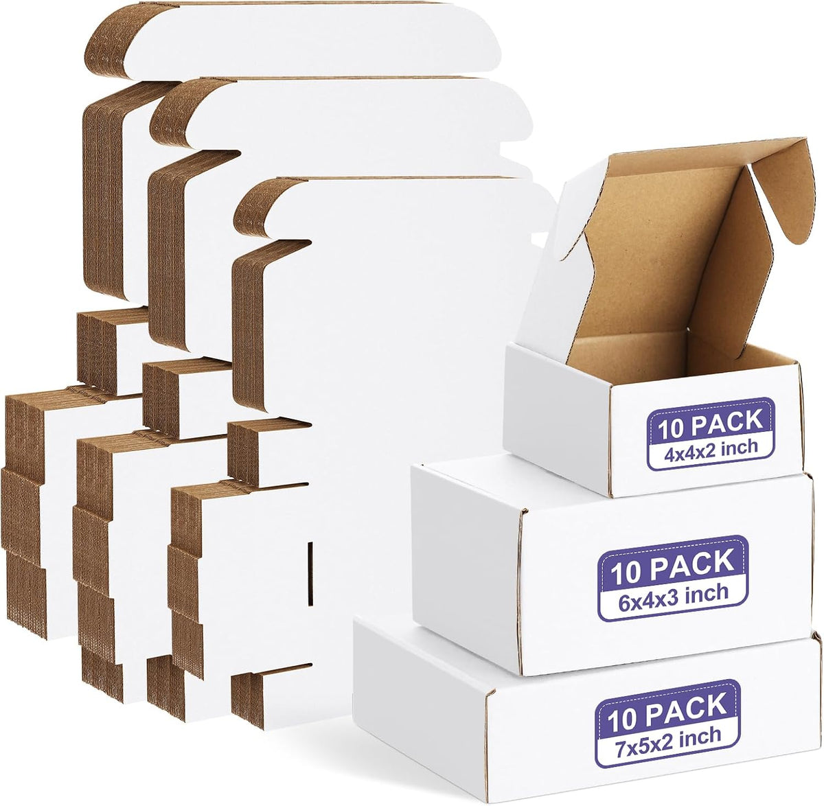 30 Pack Small Shipping Boxes Assorted Sizes, 4x4x2, 6x4x3, 7x5x2-10 PCS Each Small Boxes, White Corrugated Box
