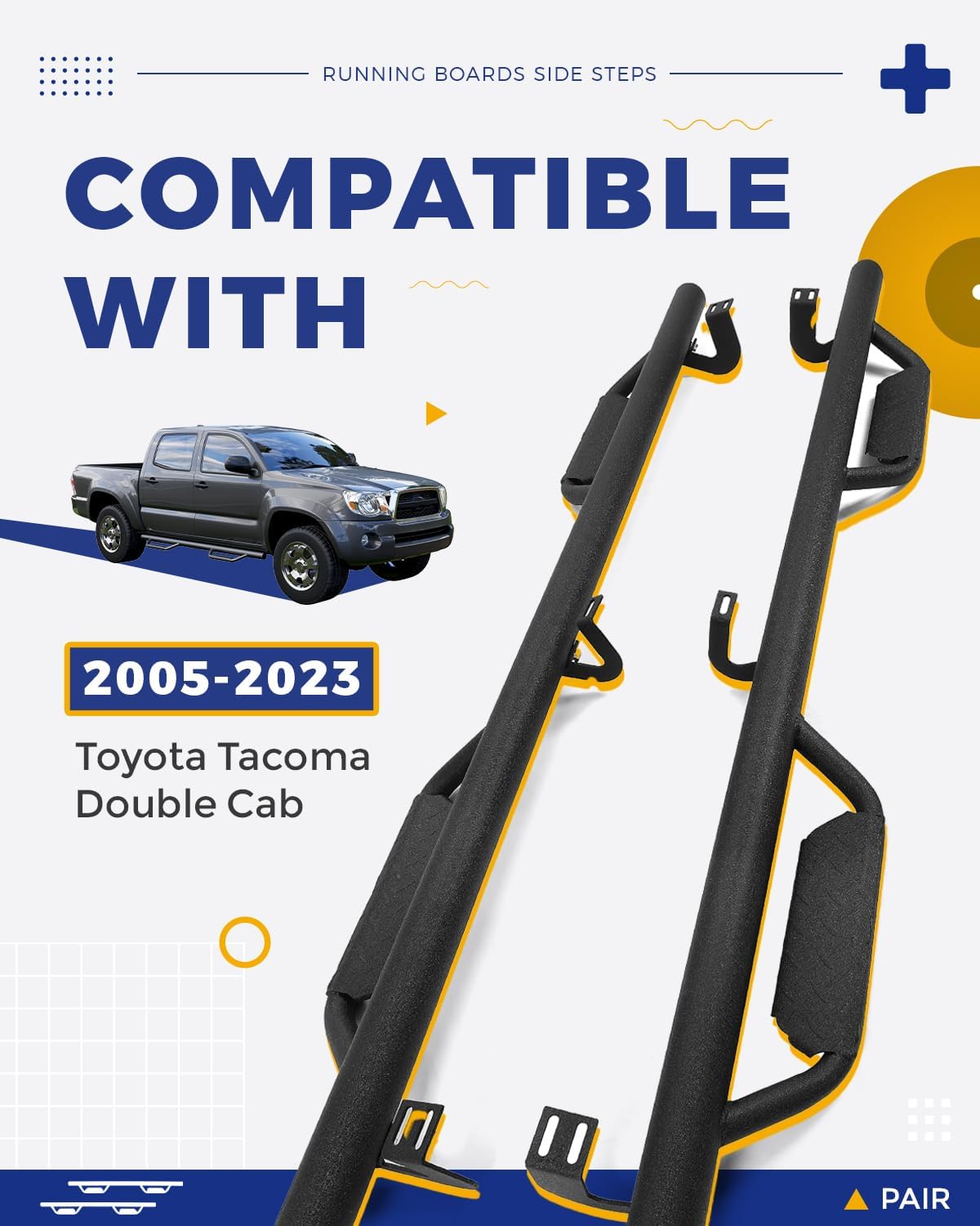 ECOTRIC Running Boards Compatible with 2005-2023 Toyota Tacoma Double Cab with 4 Full Size Nerf Bars Door Dropped Side Steps Hoop (Matte Black)