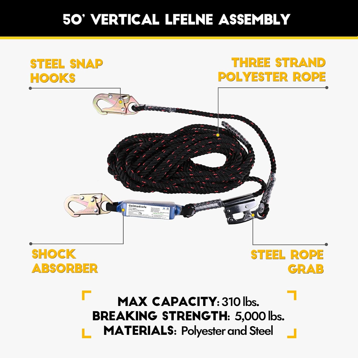 50ft Roofer's Safety Bucket Kit – Warthog Pass-Thru Safety Harness, Reusable Roof Anchor, and 50ft Vertical Lifeline