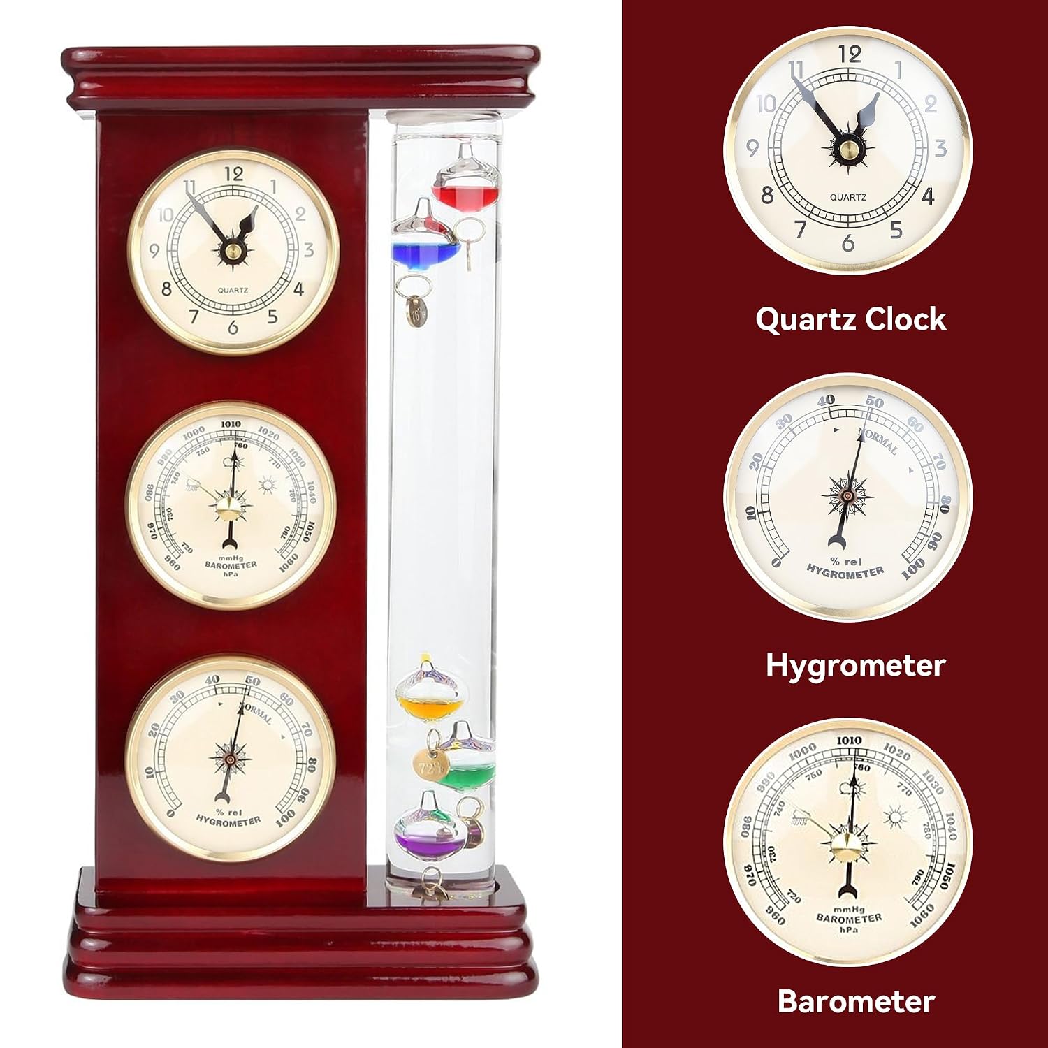 Analog Weather Station with Galileo Thermometer, Precision Quartz Clock (Gold), Barometer & Hygrometer, Gift for