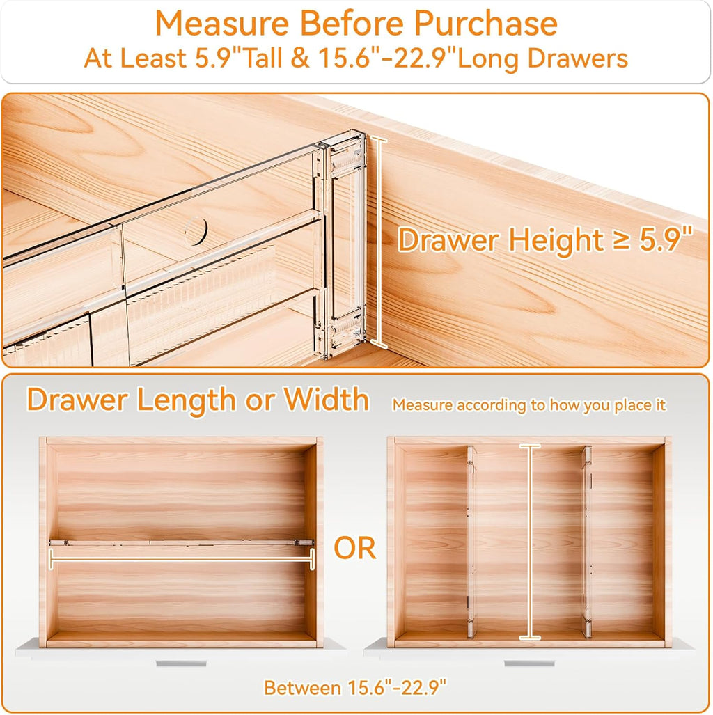4 Pack Clear Acrylic Drawer Divider 6 Inch High,Expandable from 14-20'',Adjustable Dresser Drawer Dividers for Baby