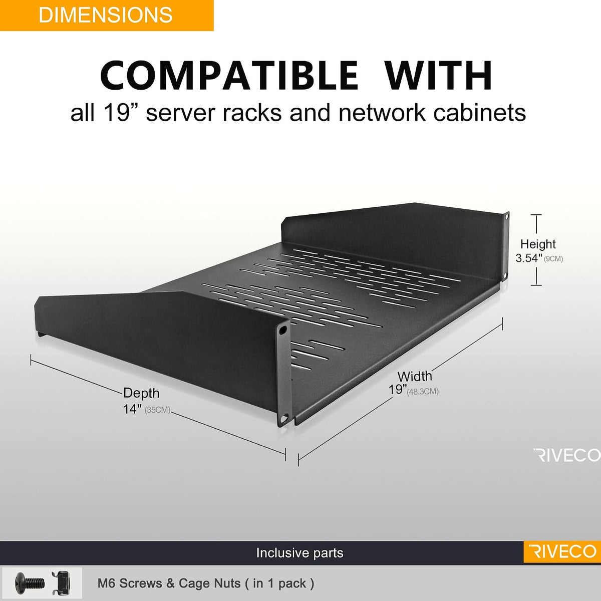 RIVECO 2U 14" Vented Rack Shelf for 19" Server Network Cabinet Black