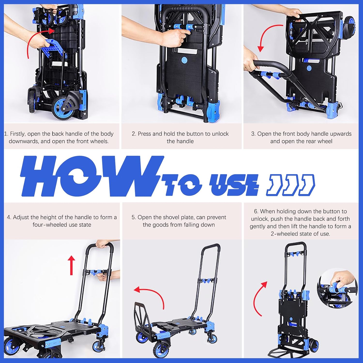 Folding Hand Truck, 2 in 1 Portable Heavy Duty Carrying Moving Dolly Cart with 4 Foldable Wheels and Retractable