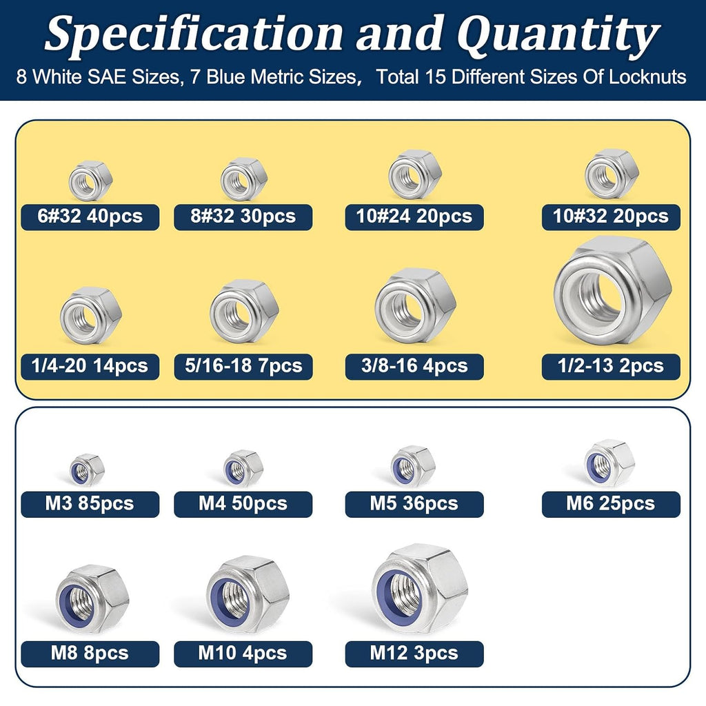 SAE & Metric Nylon Lock Nut Assortment Kit 348Pcs Stainless Steel