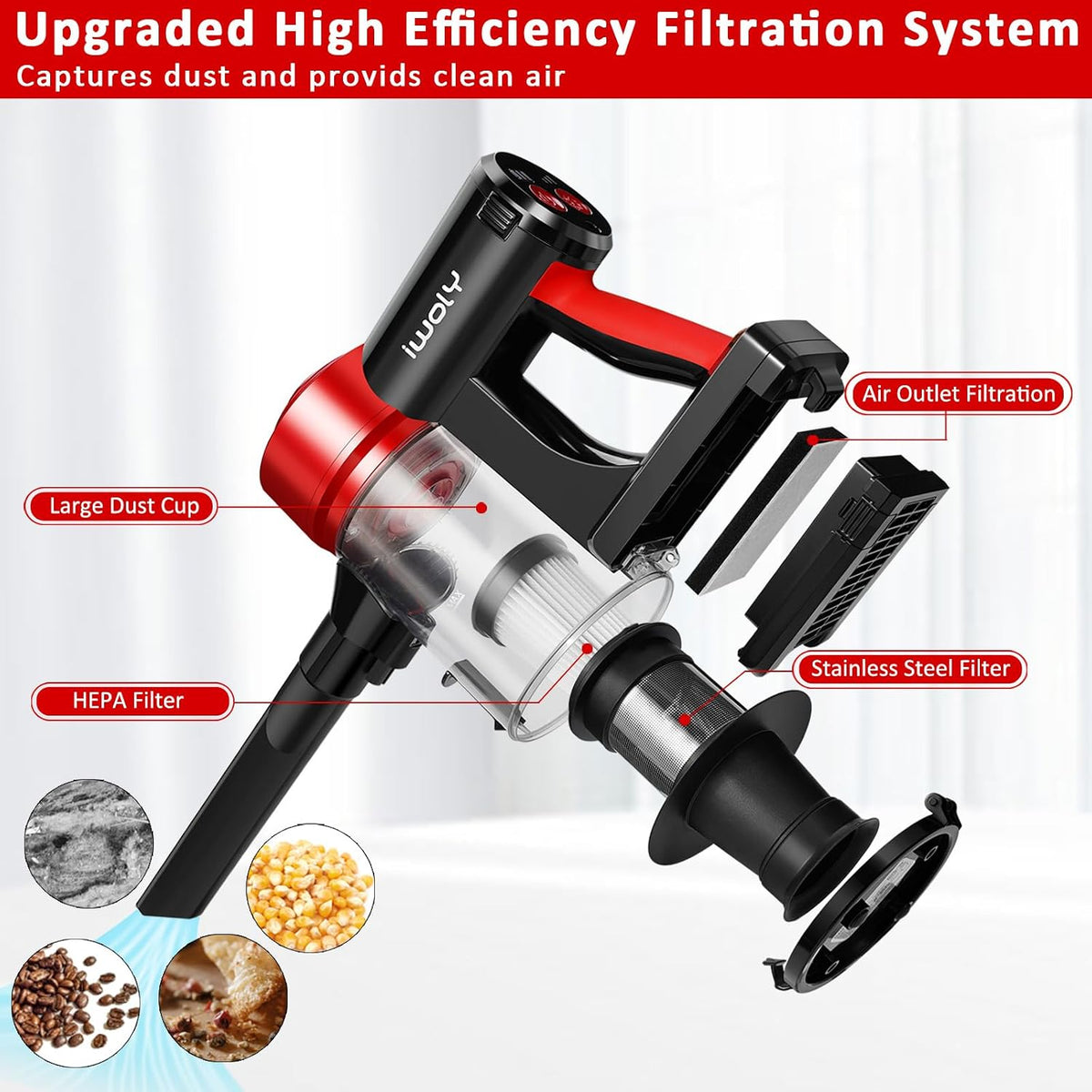 C150 Cordless Vacuum Cleaner with 2200mAh Rechargeable Battery, 18000Pa Cyclone Vacuum with HEPA Filter, Lightweight