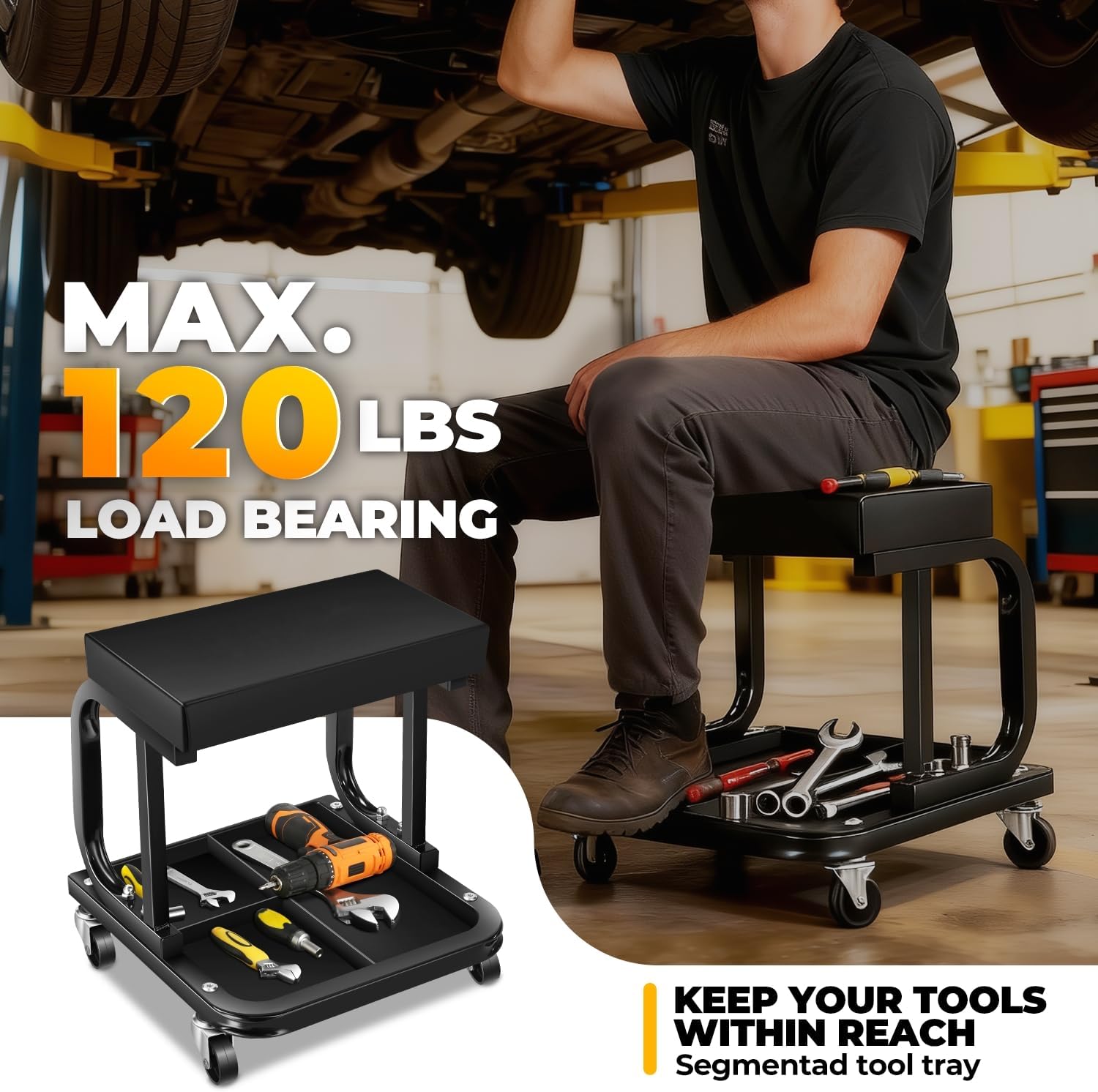 Rolling Mechanic Stool, Padded Shop Seat, w/Tool Tray, Black