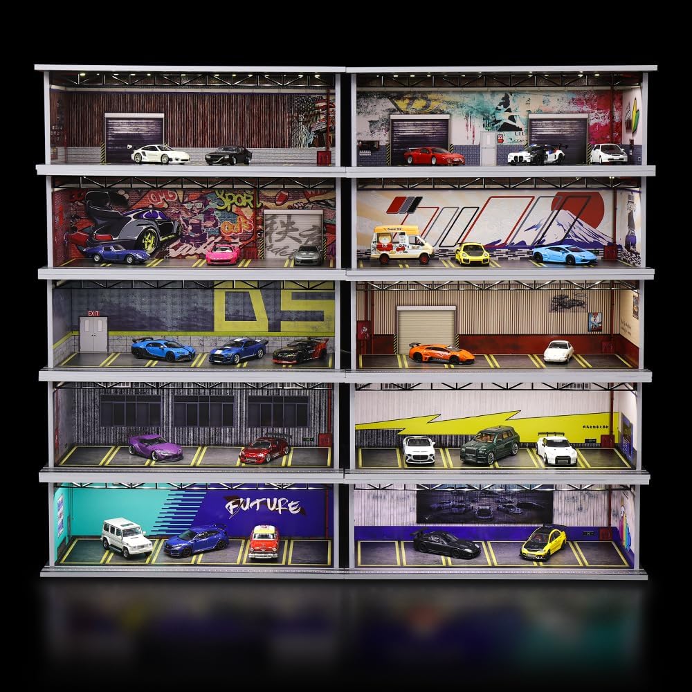 1/64 Scale Diorama Garage Display Case for Die-Cast Model Cars | Acrylic Cover, Storage with 6-Space Scene Parking
