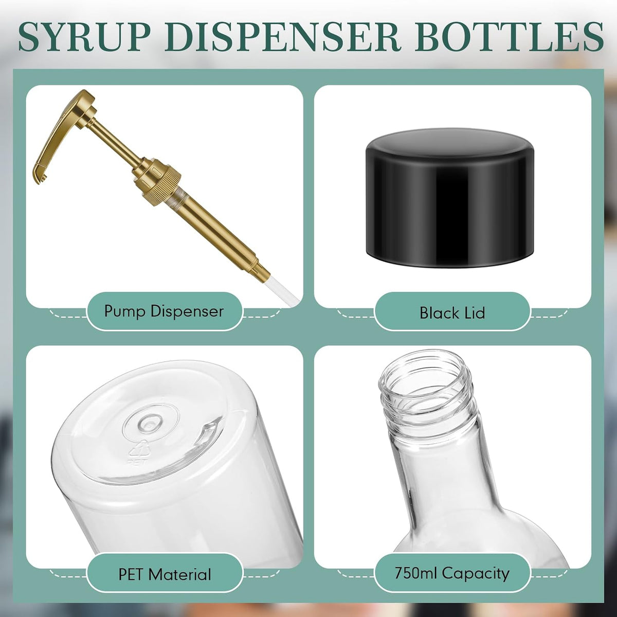 12 Pcs 25 oz Plastic Syrup Bottles with Pump Syrup Dispenser, Gold