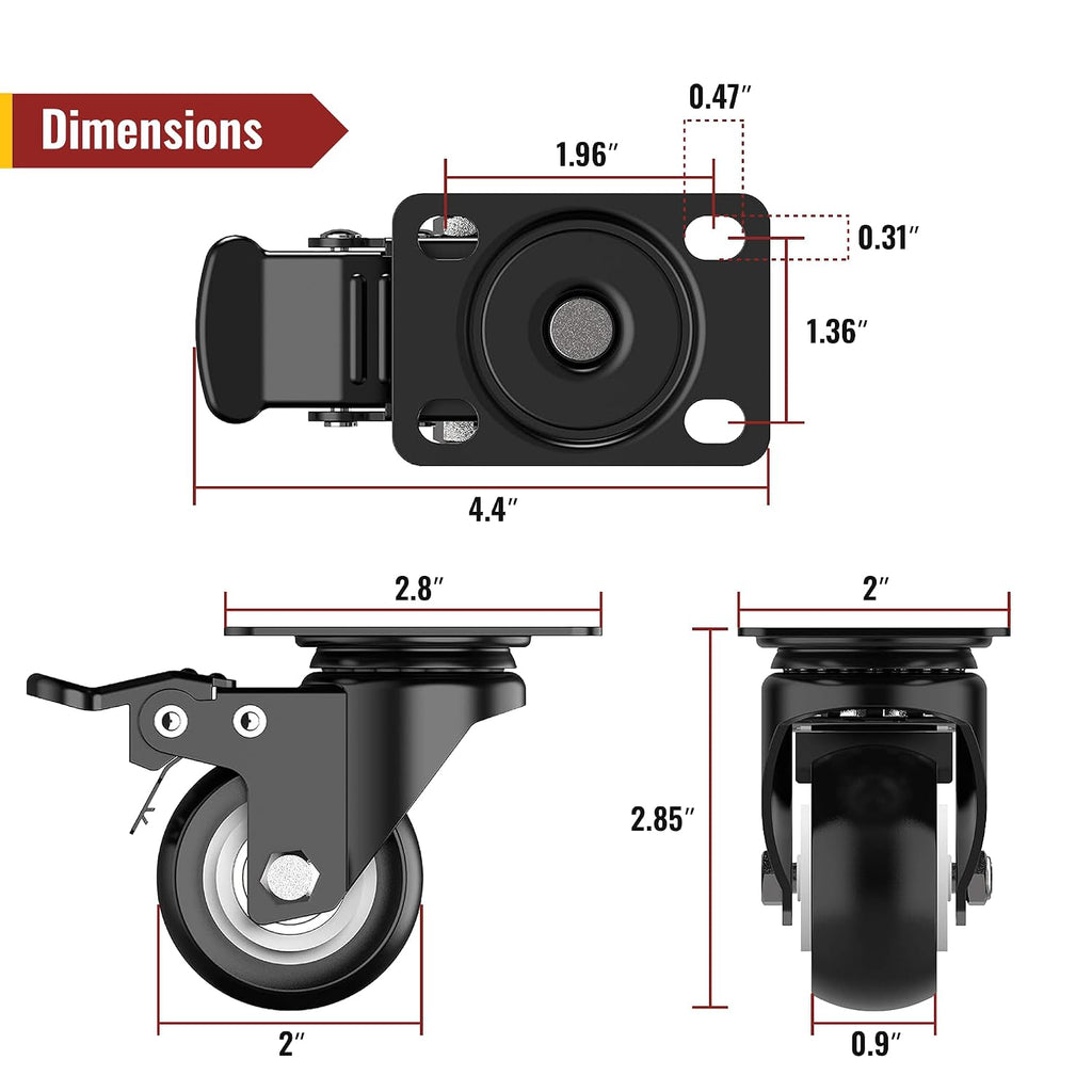 2 inch Caster Wheels Heavy Duty Swivel Casters with Safety Brake Total Capacity 600lbs (Set of 4) Good for Industrial