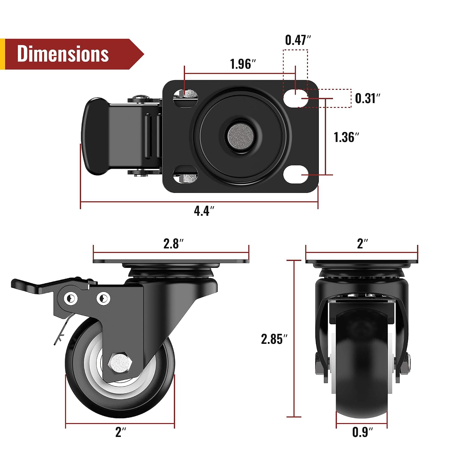 2 inch Caster Wheels Heavy Duty Swivel Casters with Safety Brake Total Capacity 600lbs (Set of 4) Good for Industrial