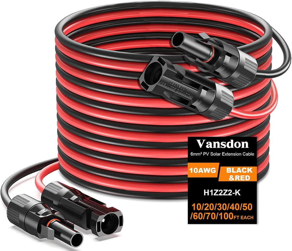 2x30 Feet Solar Panel Extension Cable- 10AWG Solar Cable Solar Panel Cable with Female and Male Waterproof Connectors