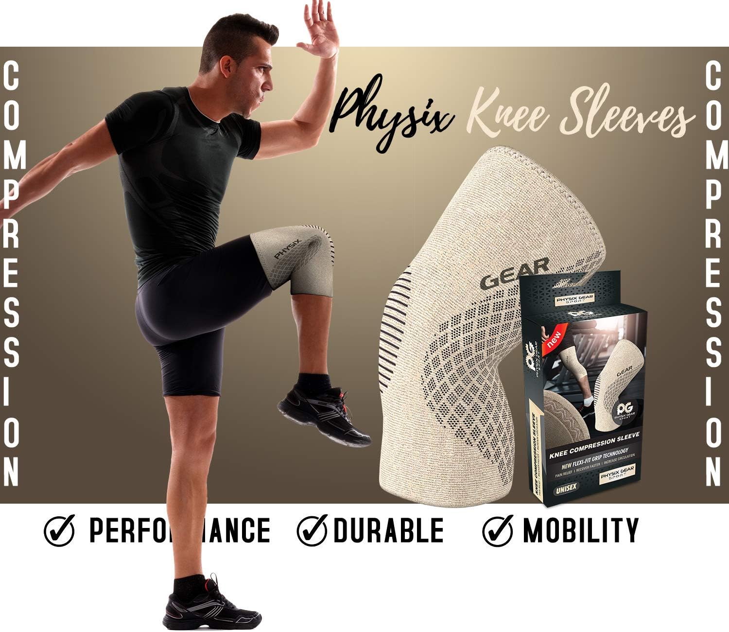 Physix Gear Knee Compression Sleeve for Men & Women - Best Compression Knee Brace for Walking, Running, Gym