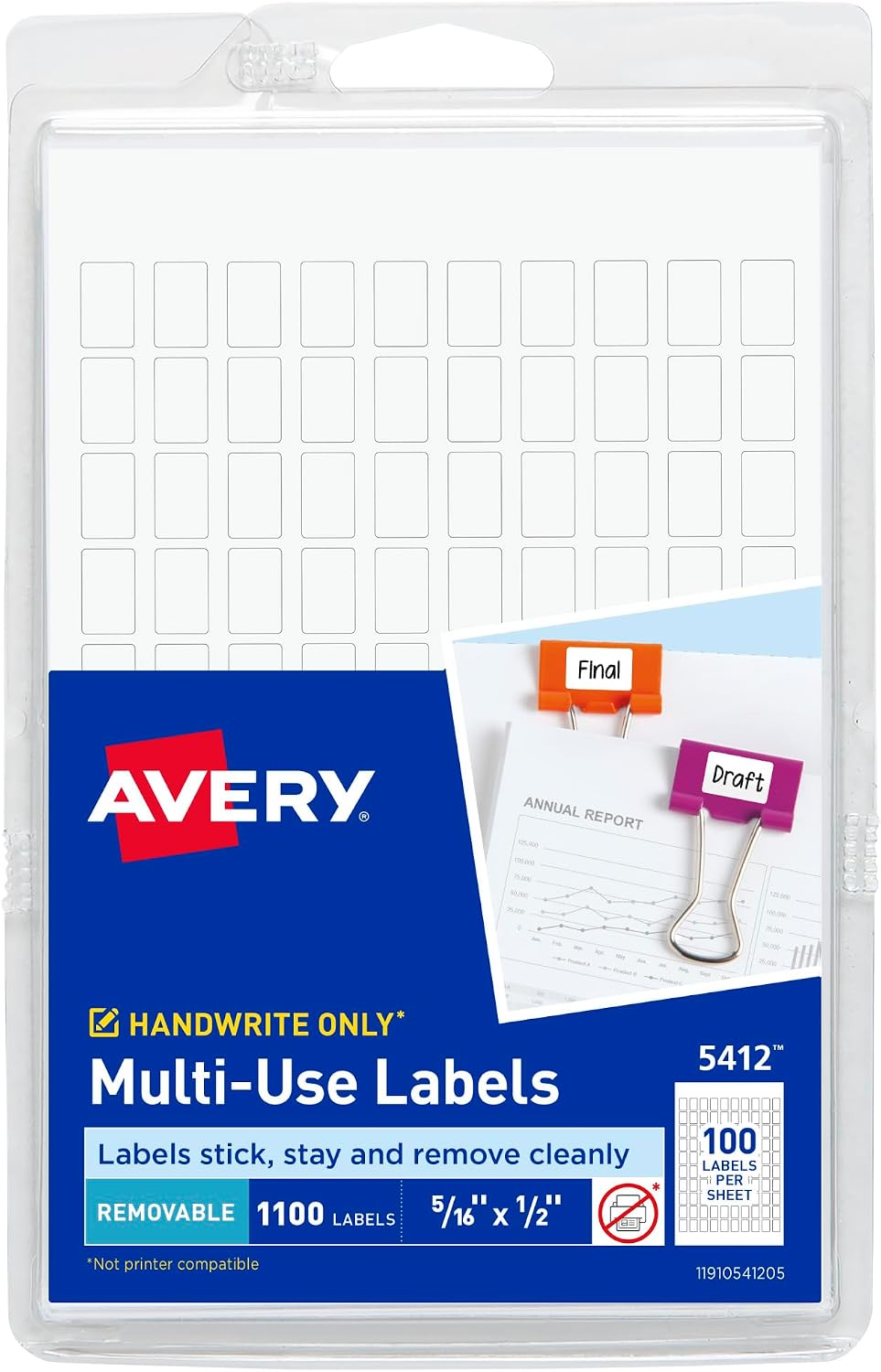 Multi-Use Removable Labels, 5/16" x 1/2", White, Non-Printable, 1,100 Blank Labels Total (5412)