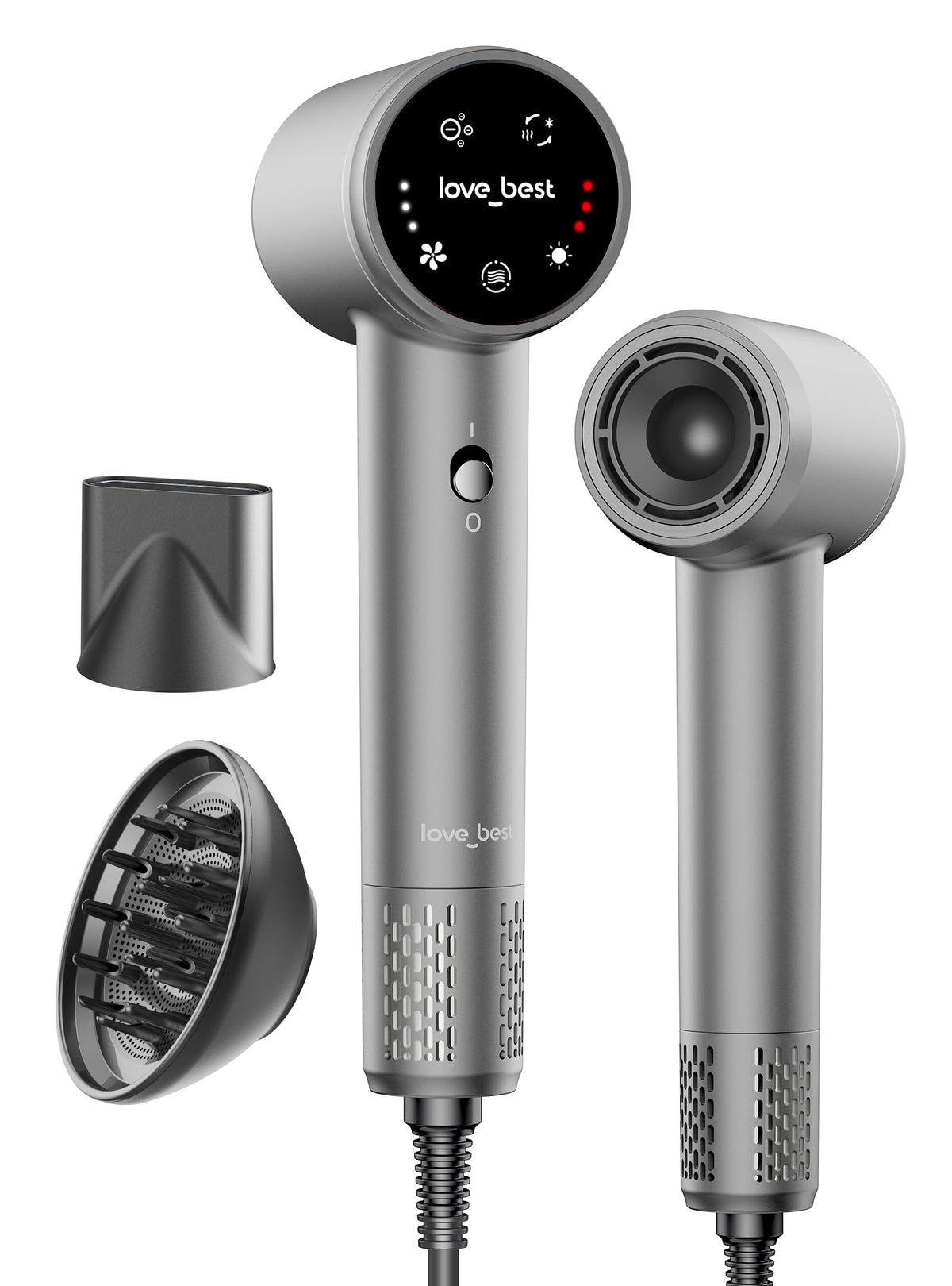 Hair Dryer with Diffuser, Fast Drying Ionic Blow Dryer, Lightweight, Silver
