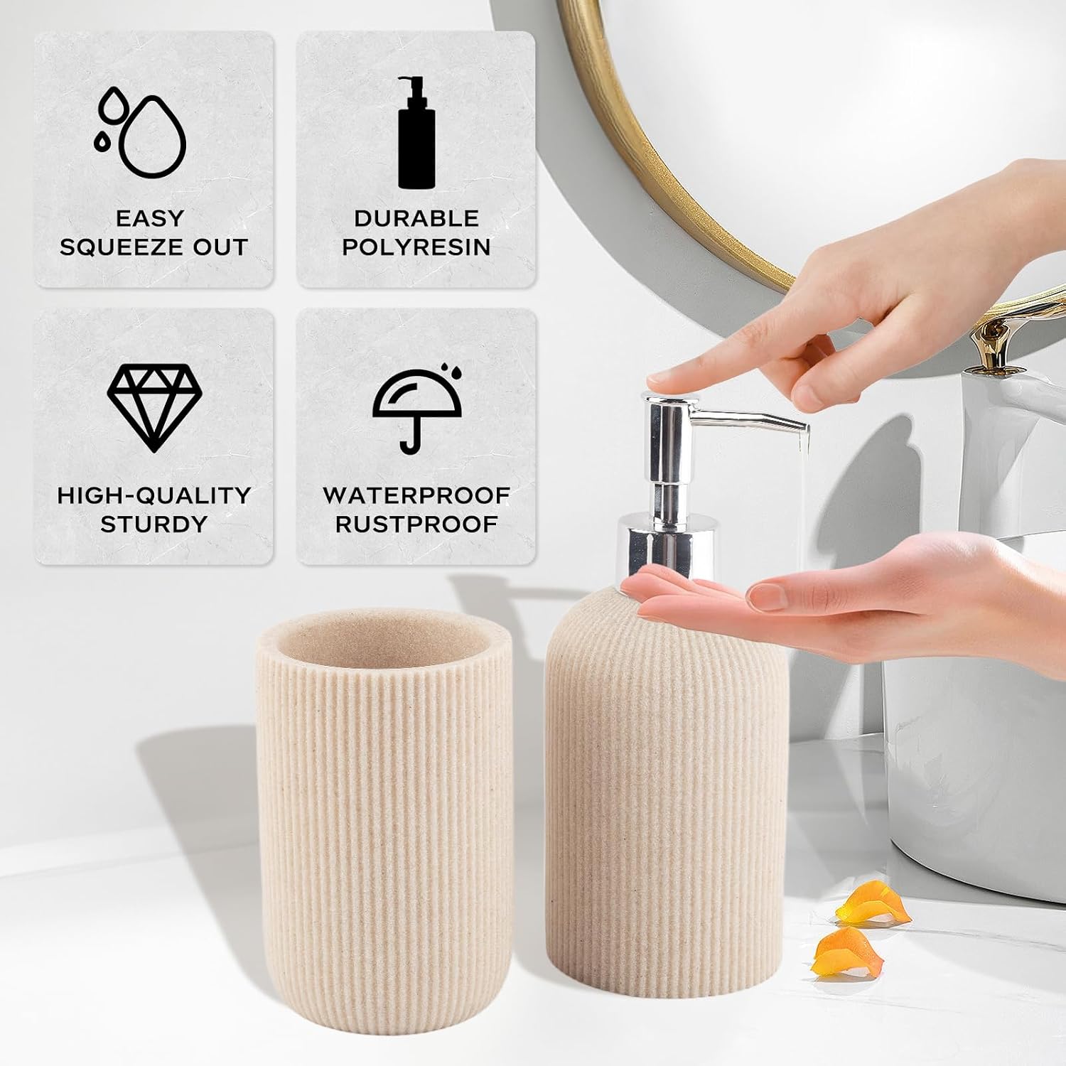 Beige Bathroom Accessories Set Include Soap Dispenser and Toothbrush Holder | Modern Stripe Design, Resin Bathroom
