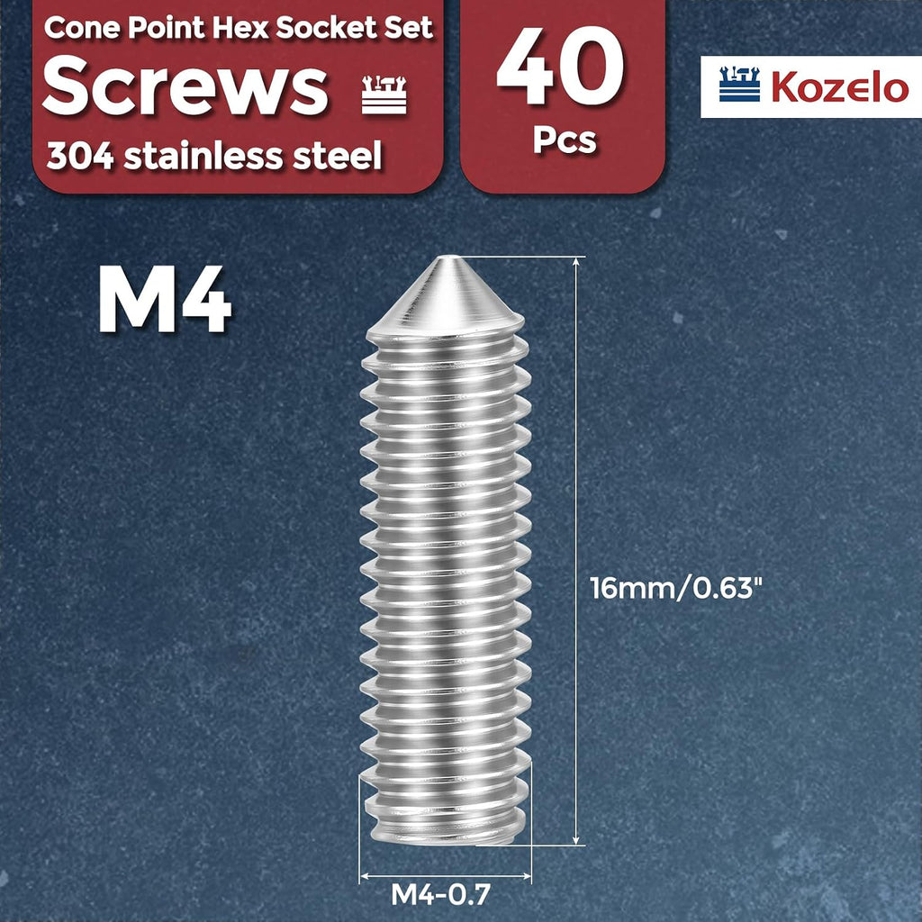 40pcs Cone Point Socket Set Screws-M4-0.7x16mm 18-8 Stainless Steel