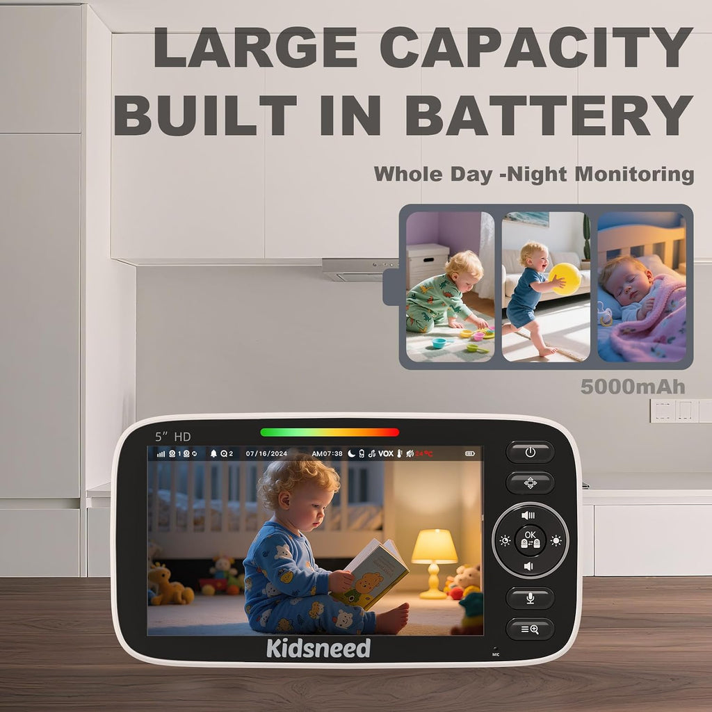 5” Baby Monitor with Camera and Audio No WiFi | 48H Battery Life, Night Vision, Two Way Talk, Remote Pan Tilt Zoom