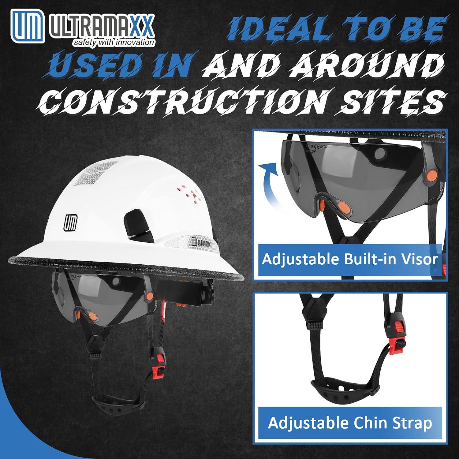 Full Brim Hard Hat with Built-in Visor, ANSI Z89.1 OSHA Approved Construction Safety Helmet with Chin Strap for Men