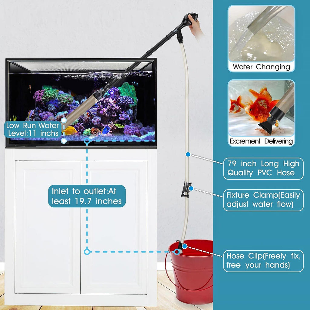 Manual 256GPH Gravel Vacuum for Aquarium, Run in Seconds Aquarium Gravel Cleaner Low Water Level Water Changer Fish