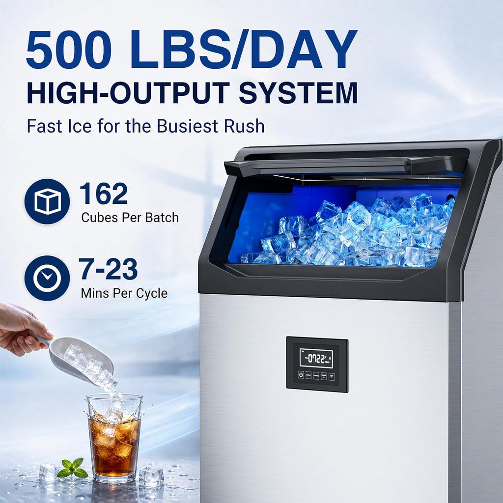 Commercial Ice Maker, 500Lbs/24H Ice Machine, 126LBS Large Storage