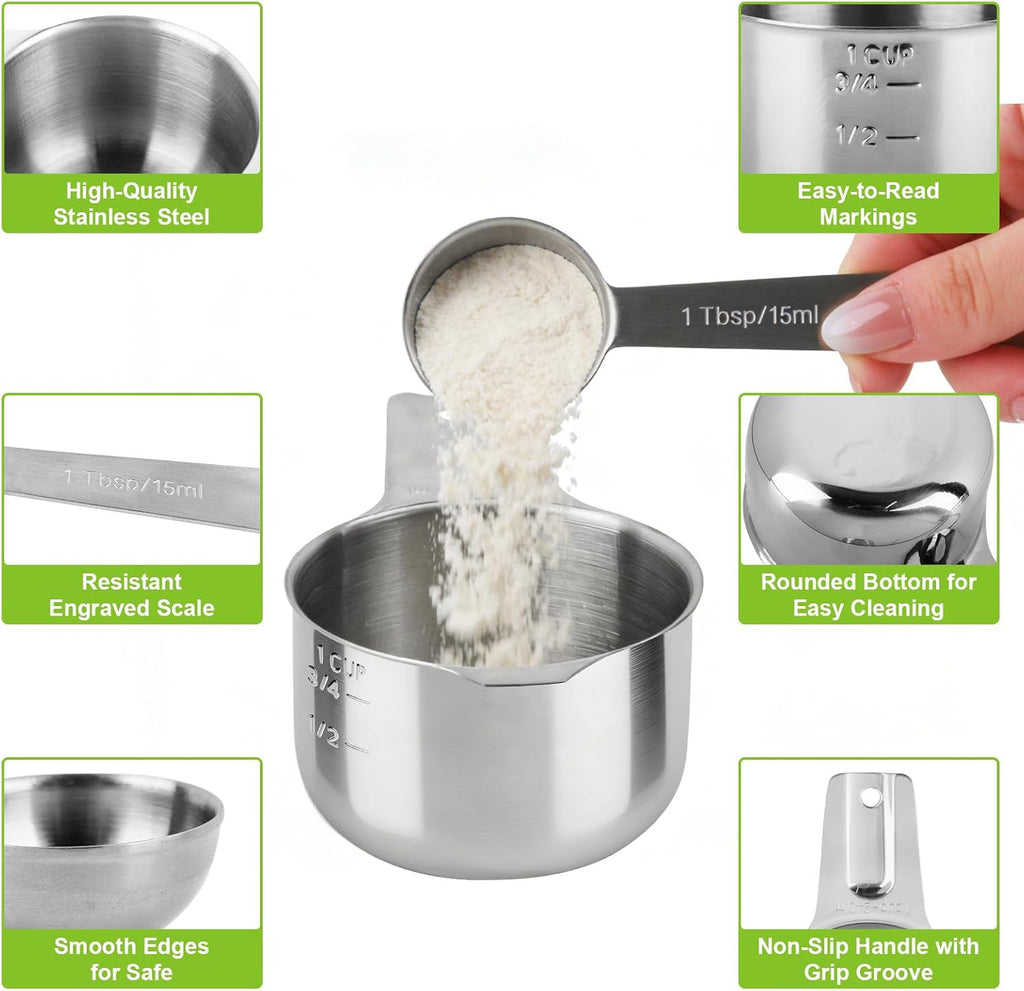 Stainless Steel Measuring Cups and Spoons Set of 10, Nesting Measuring Cup Set - 4 Cups 6 Spoons, Stackable Measure