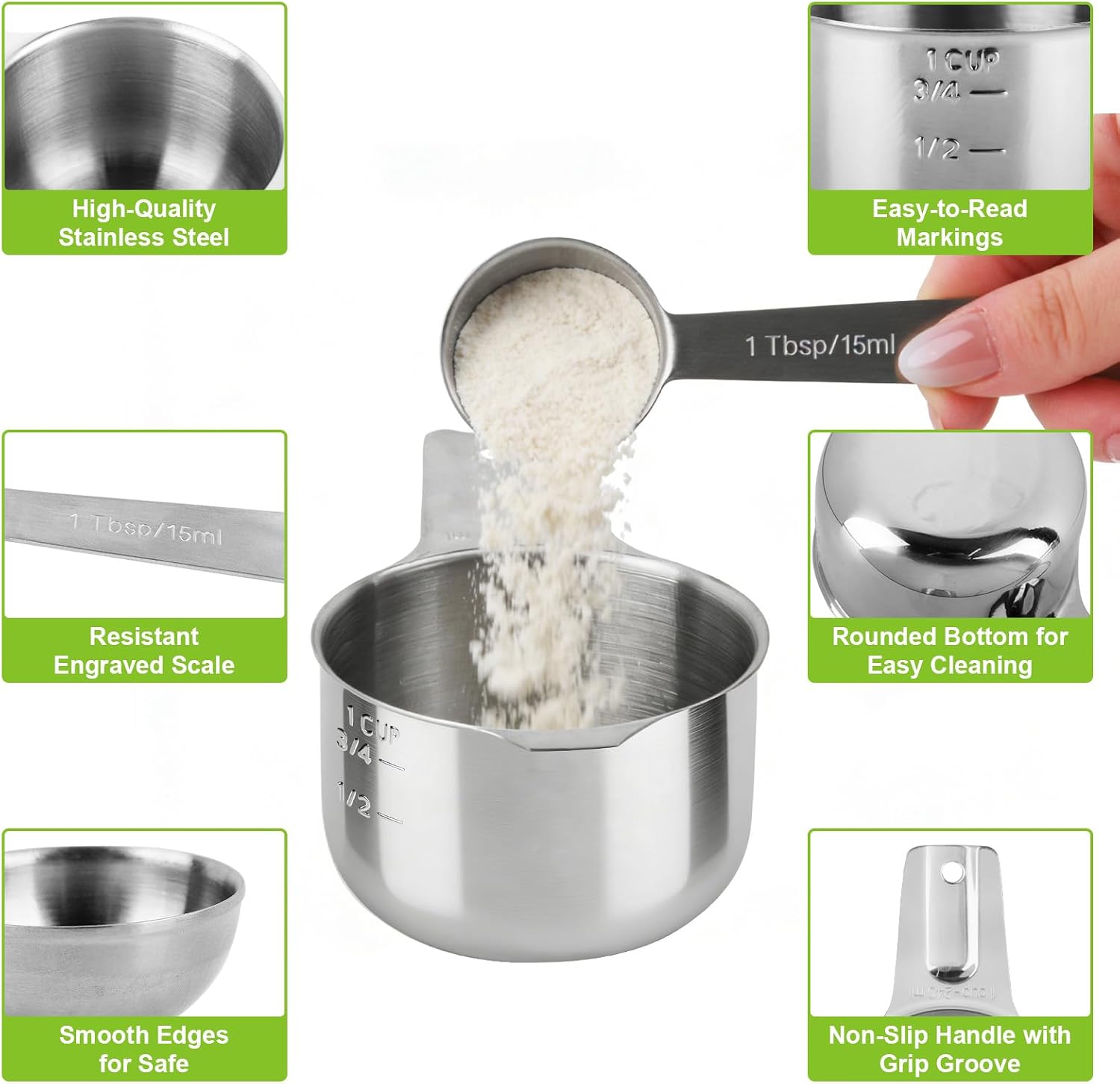 Stainless Steel Measuring Cups and Spoons Set of 10, Nesting Measuring Cup Set - 4 Cups 6 Spoons, Stackable Measure