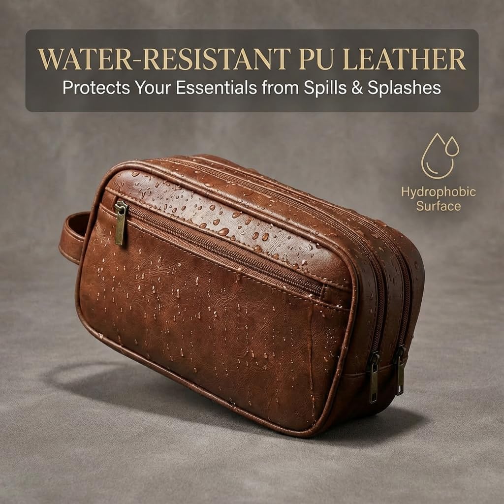 Men’s Toiletry Bag Travel Dopp Kit – double-deck PU Leather Water-Resistant Shaving Organizer Large Capacity, Double