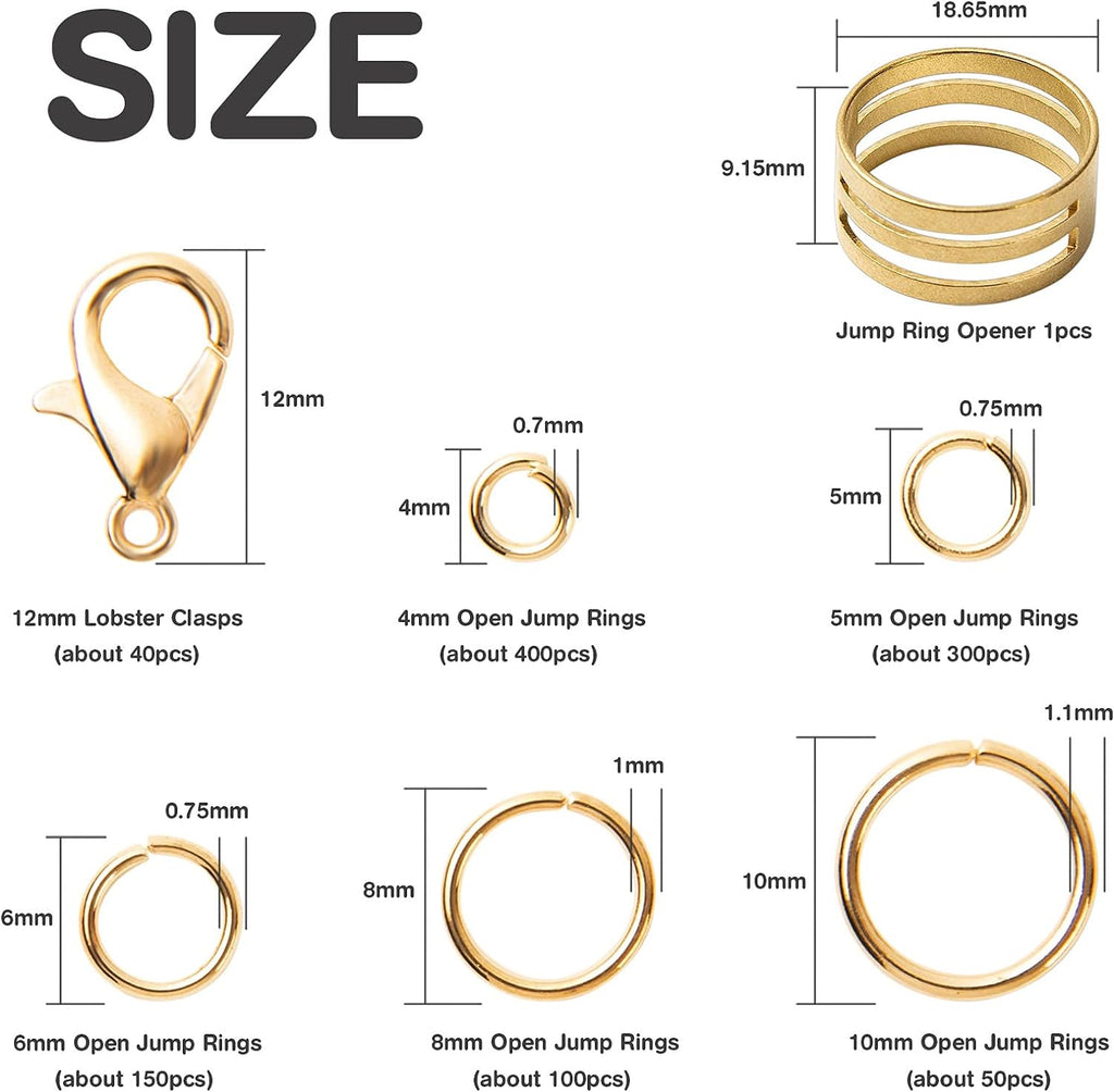Jump Rings Kit With1000PCS Open Jump Rings 40PCS 12mm Lobster Clasps and Jump Rings Opener for Jewelry Making