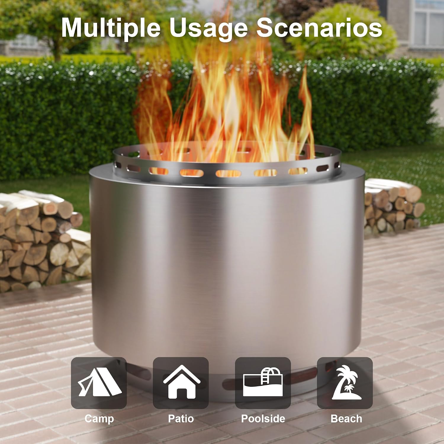 19 Inch Outdoor Smokeless Fire Pit, Portable Stainless Steel Firepit with Weather Resistant Cover,Wood Burning Fire