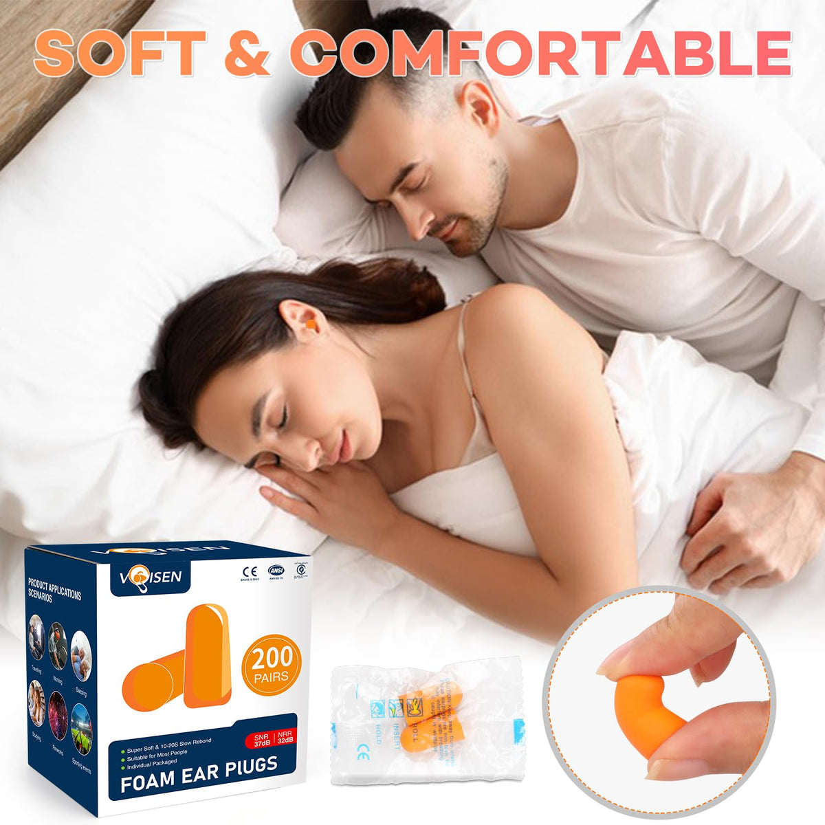 Foam Ear Plugs,200 Pairs Ear Plugs for Sleeping