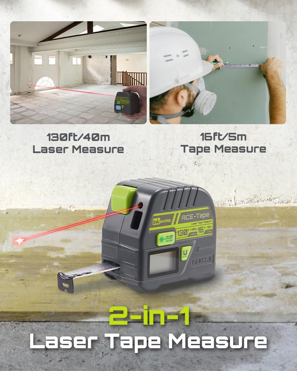 Laser Tape Measure 2-in-1, Inkerma 130Ft Laser Measurement Tool & 16Ft Measuring Tape, Digital Laser Tape Measure