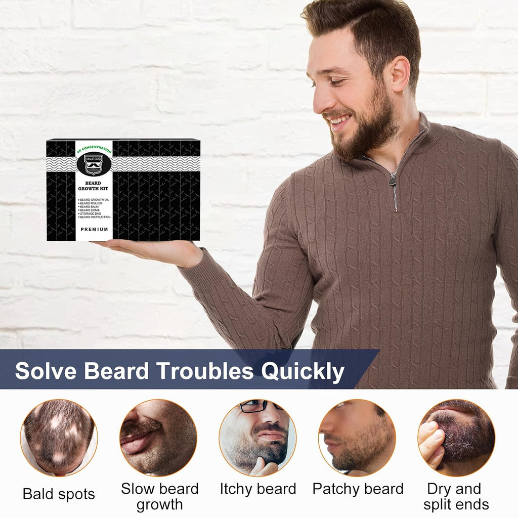 Beard Kit, Beard Growth Kit w/Natural Ingredients Beard Oil & Balm & Comb, Beard Growth Oil w/4X Thickening Biotin