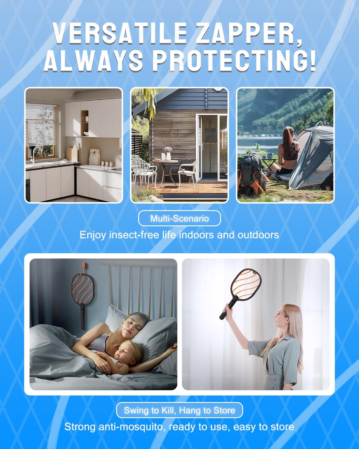 Electric Fly Swatter, 3800V Bug Zapper Racket, Rechargeable 1200mAh Mosquito Killer 3-Layer Safety Mesh Lightweight